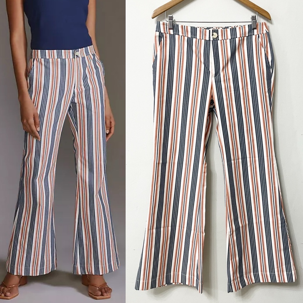 Anthropologie NWOT Striped Flare Wide Leg Pockets Boho Sz 8 Career Dressy Pants